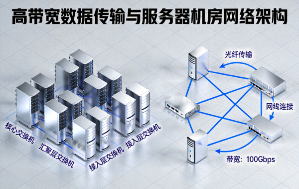 高带宽数据传输与服务器机房网络架构展示