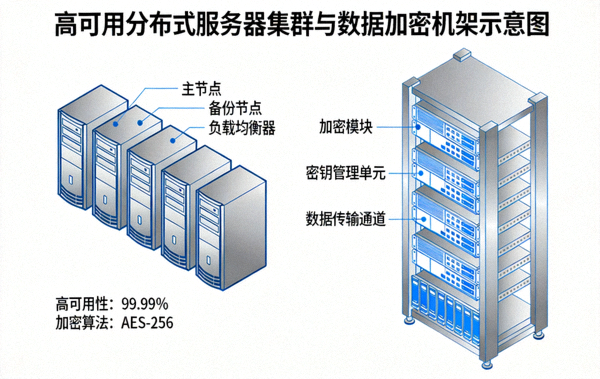 高可用分布式服务器集群与数据加密机架示意图