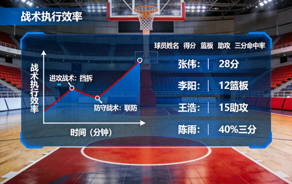 室内篮球场馆战术走势与球员技术统计面板